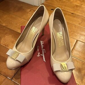 Salvadore Ferragamo, patent leather nude heels, size 7
